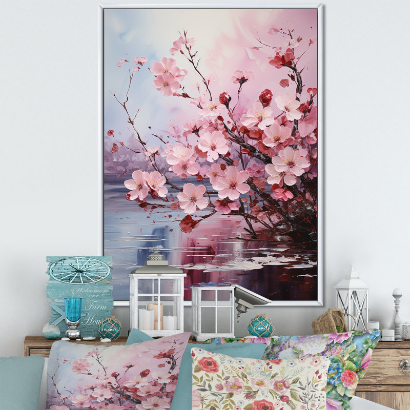 «Cherry Blossom Flower Meadow II», reproduction sur toile, H 40 po x l 30 po x P 1,5 po, Cadre flottant blanc
