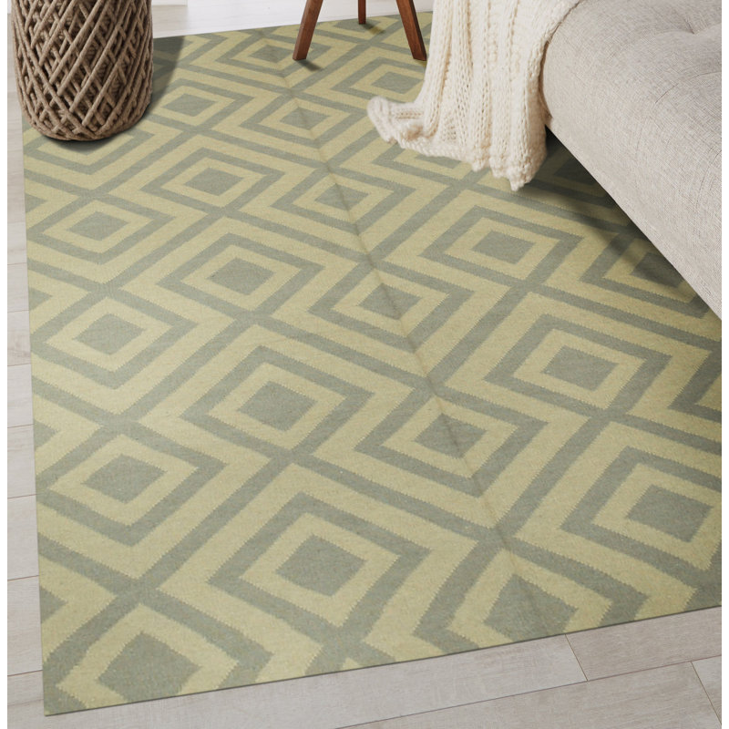 Tapis géométrique transitionnel en laine tissé à plat gris Tessier, 5 pi x 8 pi