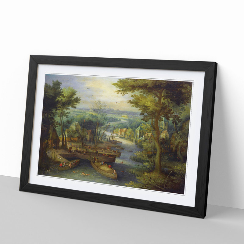 River Landscape by Pieter Bruegel the Elder - Picture Frame Painting, Black Framed, 27cm H x 36cm W x 2cm D