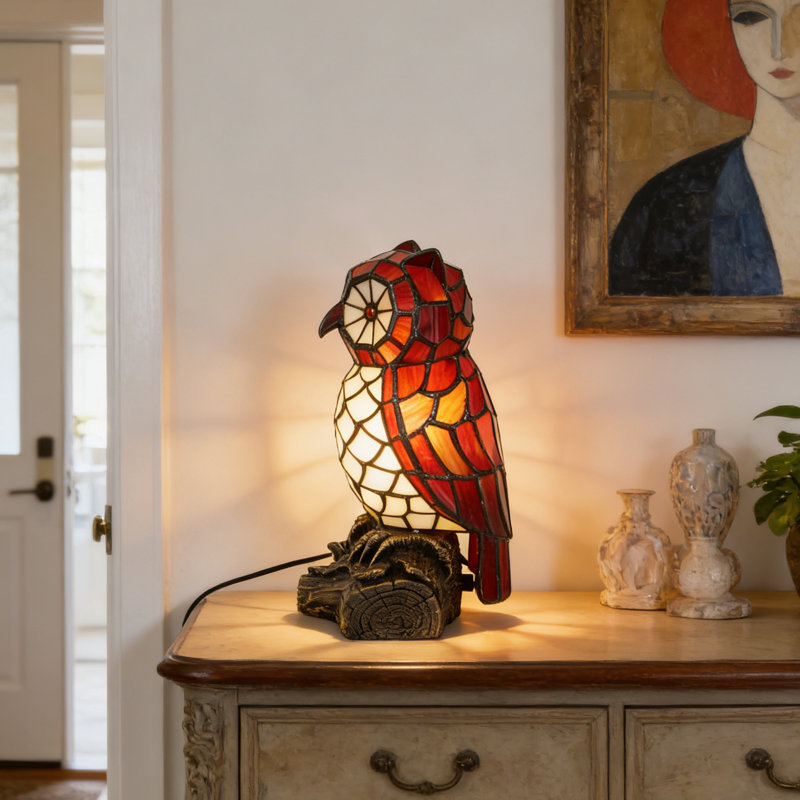 Owl Shaped Tiffany Stained Glass Table Lamp - Decorative Night Light With Rustic Resin Wood Base