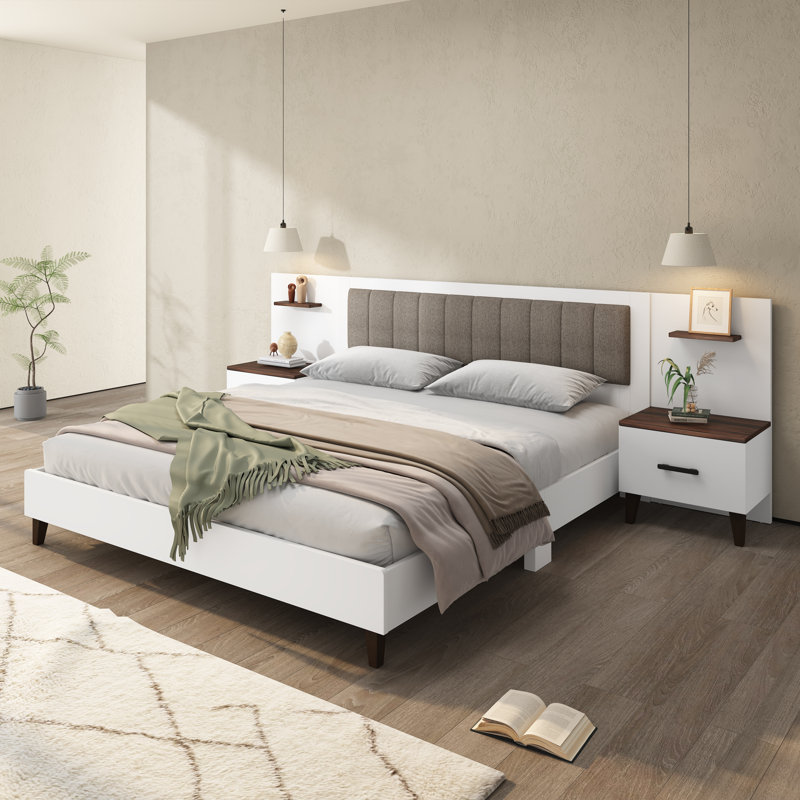 Eddie Wooden Bed With 2 Nightstands & Upholstered Headboard, King