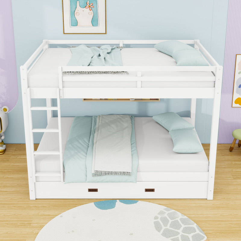 Wood Queen Over Queen Bunk Bed With Twin XL Trundle, White