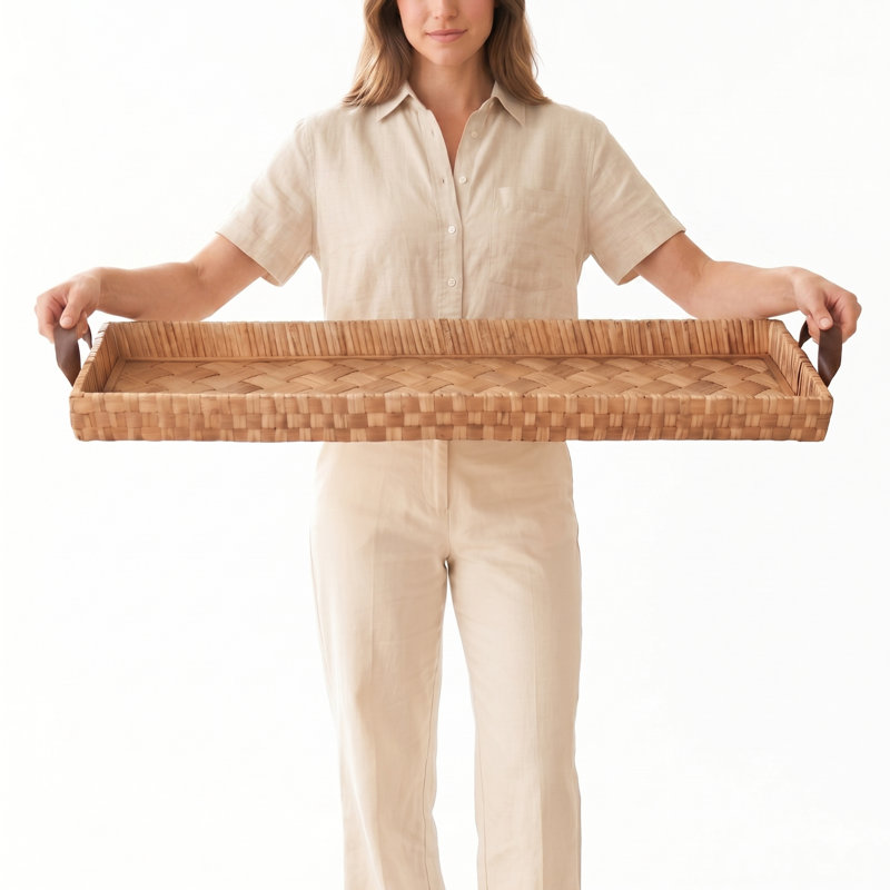 38" x 11.8" Extra Large Handwoven Wicker & Wood Tray with Handles – Oversized Long Decorative Tray for TV Console, Dining Table, Centerpiece – Farmhouse, Boho, Rustic Style