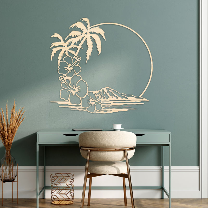 Décoration murale abstraite avec palmier, soleil et montagnes - bouleau baltique naturel, H 32 po x l 29,7 po x P 0,25 po