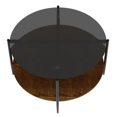 Table basse moderne Mid-Century avec plateau en verre + tablette de rangement en bois, structure en métal noir, conception ronde, peu encombrante, 32,28 pouces, table basse moderne transparente avec plateau en verre