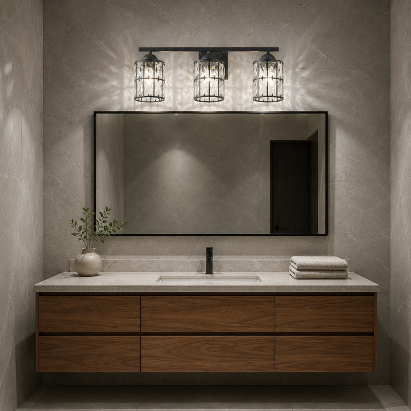 3-Light Black Metal and Crystal Vanity Light with E26 Base, Dimmable, UL Certified Bathroom Wall Fixture