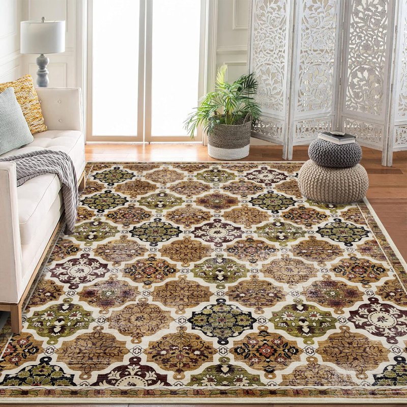 Tapis à motif floral en damier Boho, Brun, Rectangulaire 8 pi x 10 pi