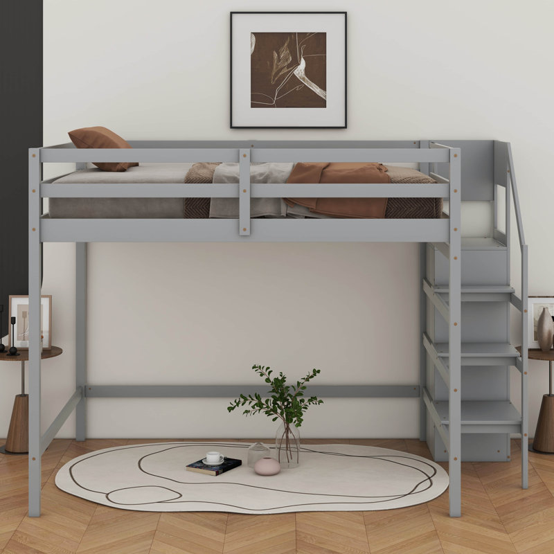 Lit mezzanine double avec garde-robe et escalier, Gris