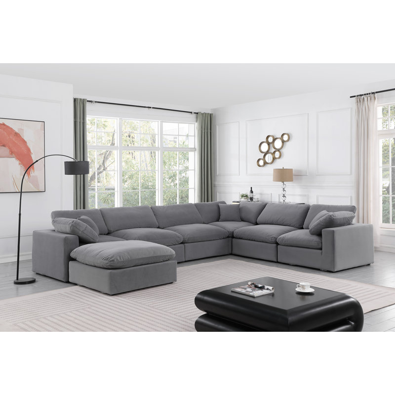 Canapé modulaire réversible en velours de large de 160 po avec repose-pieds Issah, Velours gris