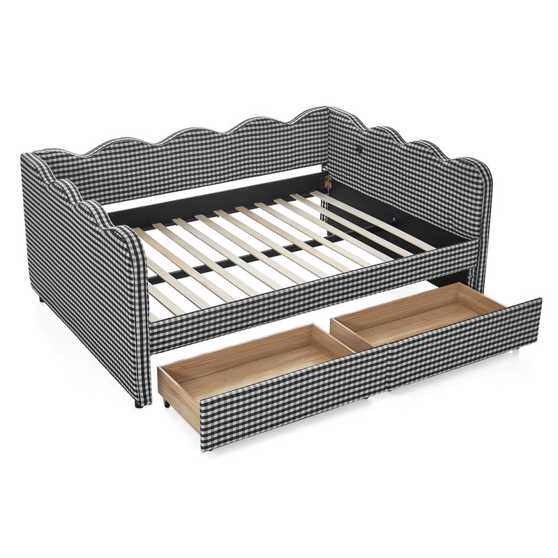 Linen Fabric Daybed with Two Drawers and USB Port, Full/Double, Black