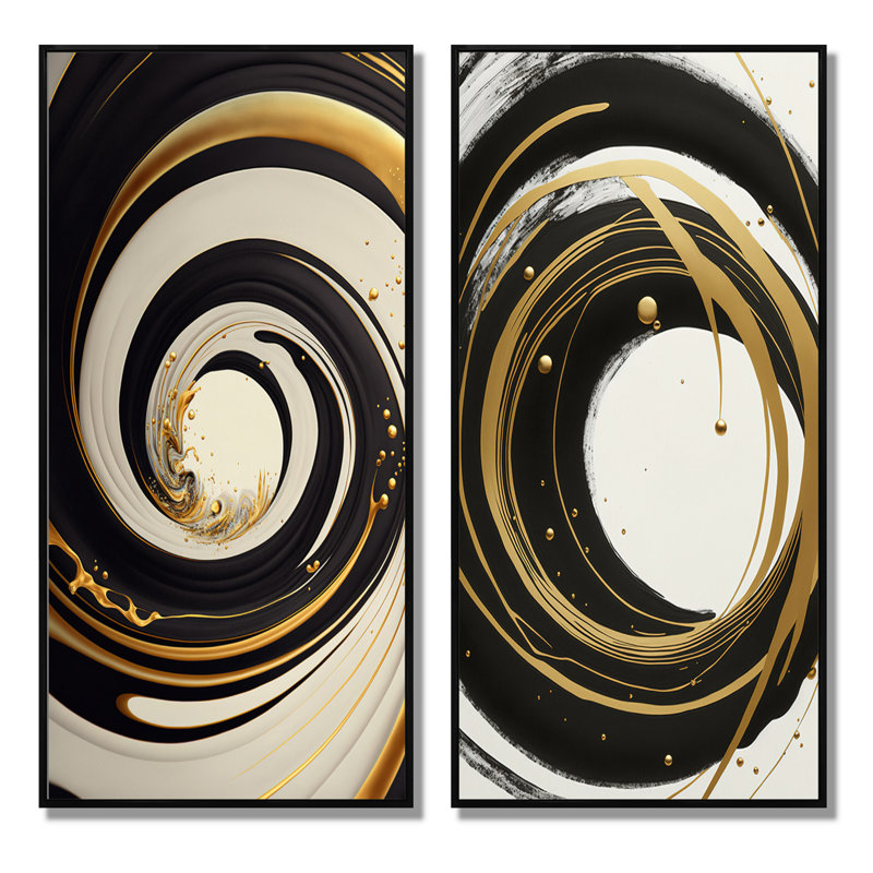 «Black, Silver and Gold Blirl Swirls», 2 pièces sur toile, Cadre noir, H 32 po x l 32 po