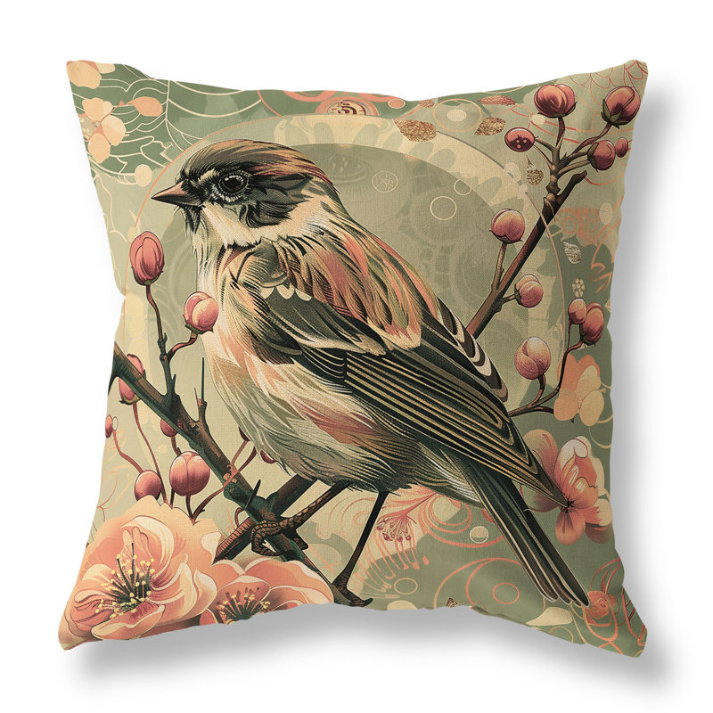 Coussin Berries and Birds, 18"H x 18"W, Green/Pink
