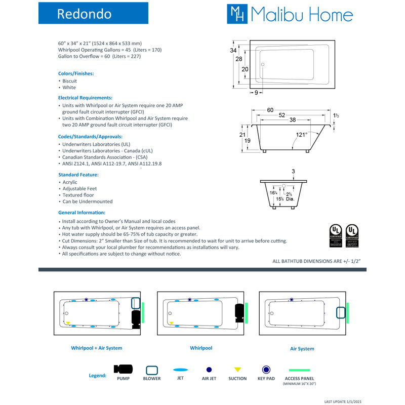 Redondo 60" x 34" Drop In Combination Acrylic Bathtub, White
