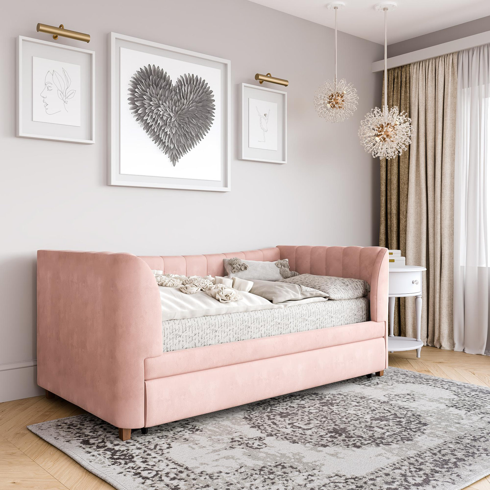 Ricketts Twin Upholstered Daybed with Trundle, Pink
