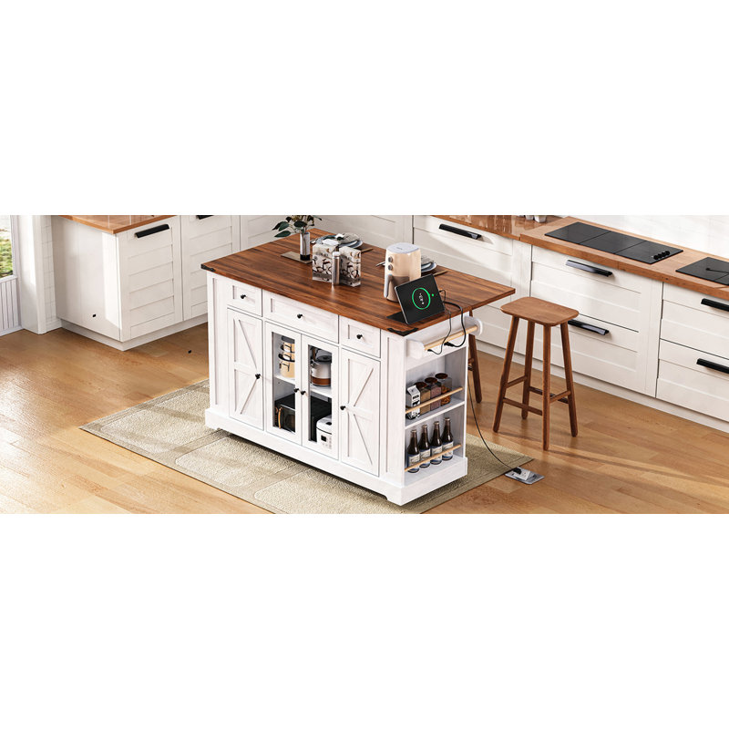 53'' Farmhouse Kitchen Island With Two Tempered Glass Cabinet Doors, Power Outlet, Rolling Kitchen Cart On Wheels With Drop Leaf, 5 Open Side Racks, 3 Drawers, For Kitchen, Dining Room, White