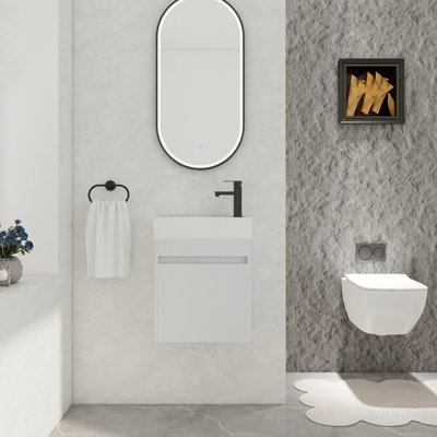 Meuble-lavabo de 18 po avec lavabo en résine blanche et grand compartiment de rangement, porte à fermeture en douceur - détail mural hypnotisant