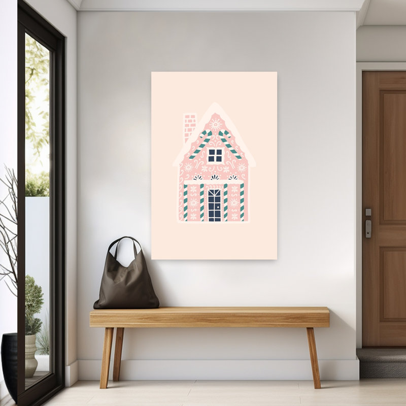 Pink Gingerbread House Abstract Contemporary Architecture City Wall Art Print 1 Piece Wrapped Canvas Wall Art, Beige