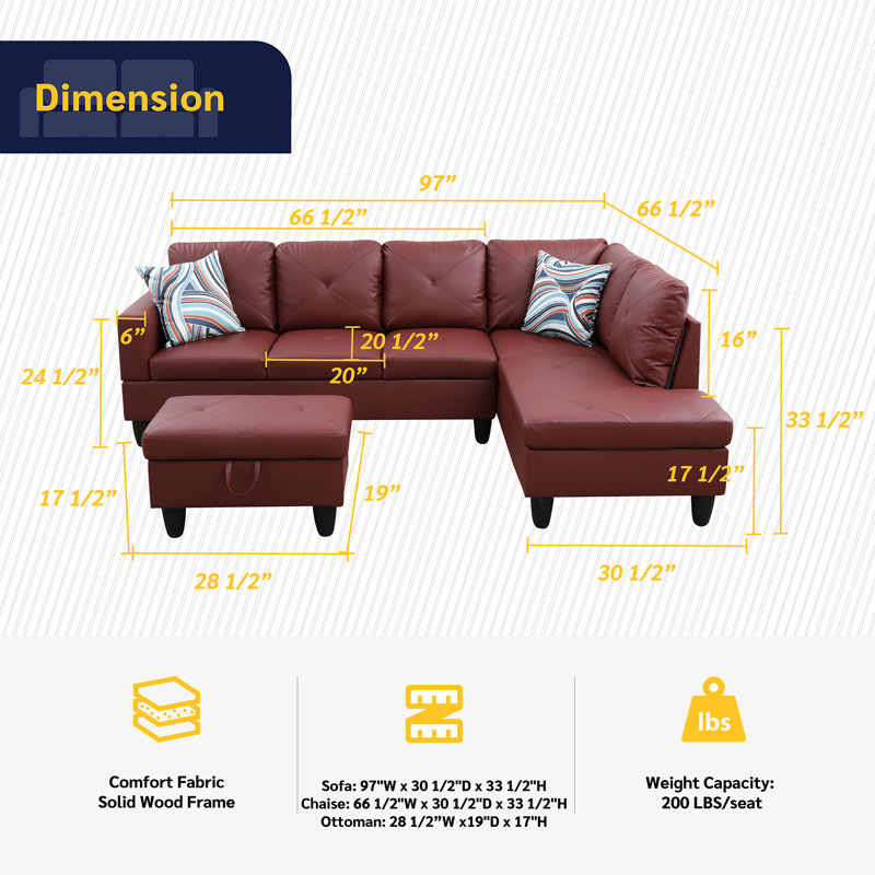 Andelina Faux Leather L-Shaped Sectional, Right Hand Facing, Red Faux Leather