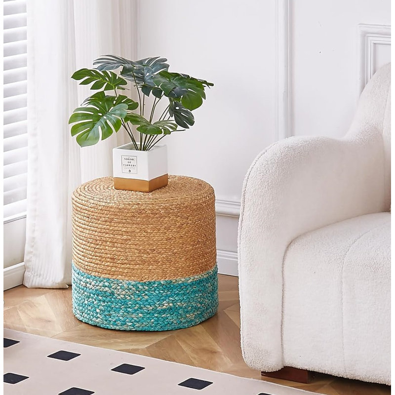 Upholstered Pouf, Natural/Blue