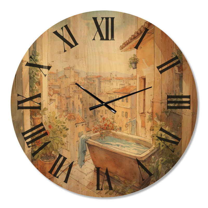 Horloge murale surdimensionnée en bois botanique avec vue sur la ville méditerranéenne, Oversized