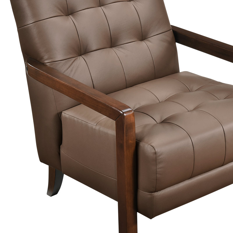 Chaise d'appoint moderne en cuir brun avec détails et fauteuil en bois haute mousse, Brun