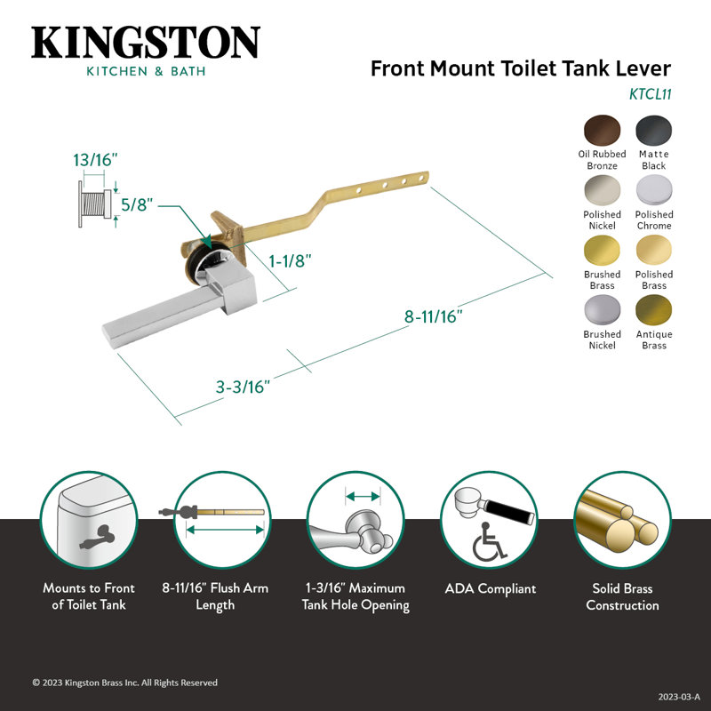 Kingston Brass Claremont Front Mount Toilet Tank Lever, Brushed Nickel