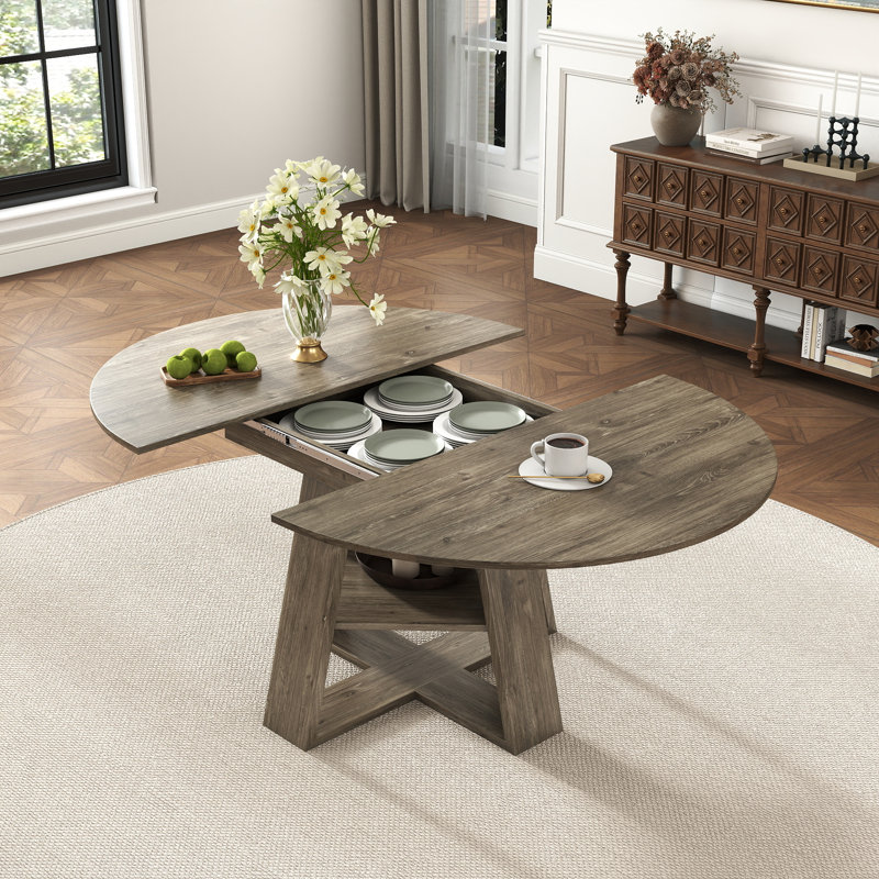 Table de salle à manger extensible ronde de 43 po avec compartiment de rangement caché, table de ferme moderne de style Mid-Century pour salle à manger
