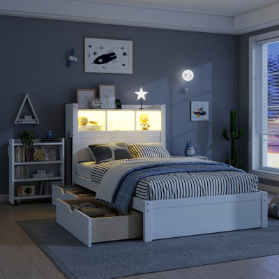 Lit simple en bois avec tête de rangement, lumière DEL, tiroirs et armoire coulissante - Design moderne peu encombrant, blanc