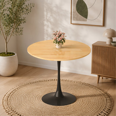 (Couleur de bois naturel) Table ronde, table de salle à manger moderne, table de salle à manger, plateau en panneau de fibres à densité moyenne et base tulipe en acier, table de cuisine, table basse de style Mid-Century pour salon 24 pouces, table de salle à manger ovale