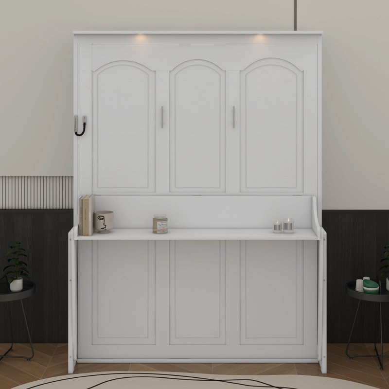 Grand lit escamotable avec bureau, DEL et USB, Blanc