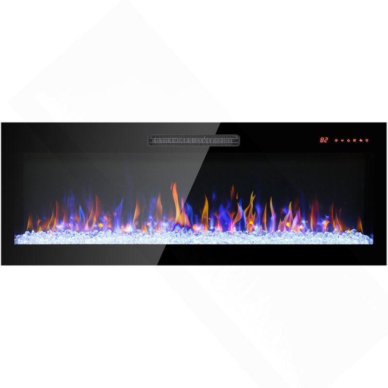 50 Inch Recessed Ultra Thin Tempered Glass Front Wall Mounted Electric Fireplace With Remote And Multi Color Flame & Emberbed, LED Light Heater