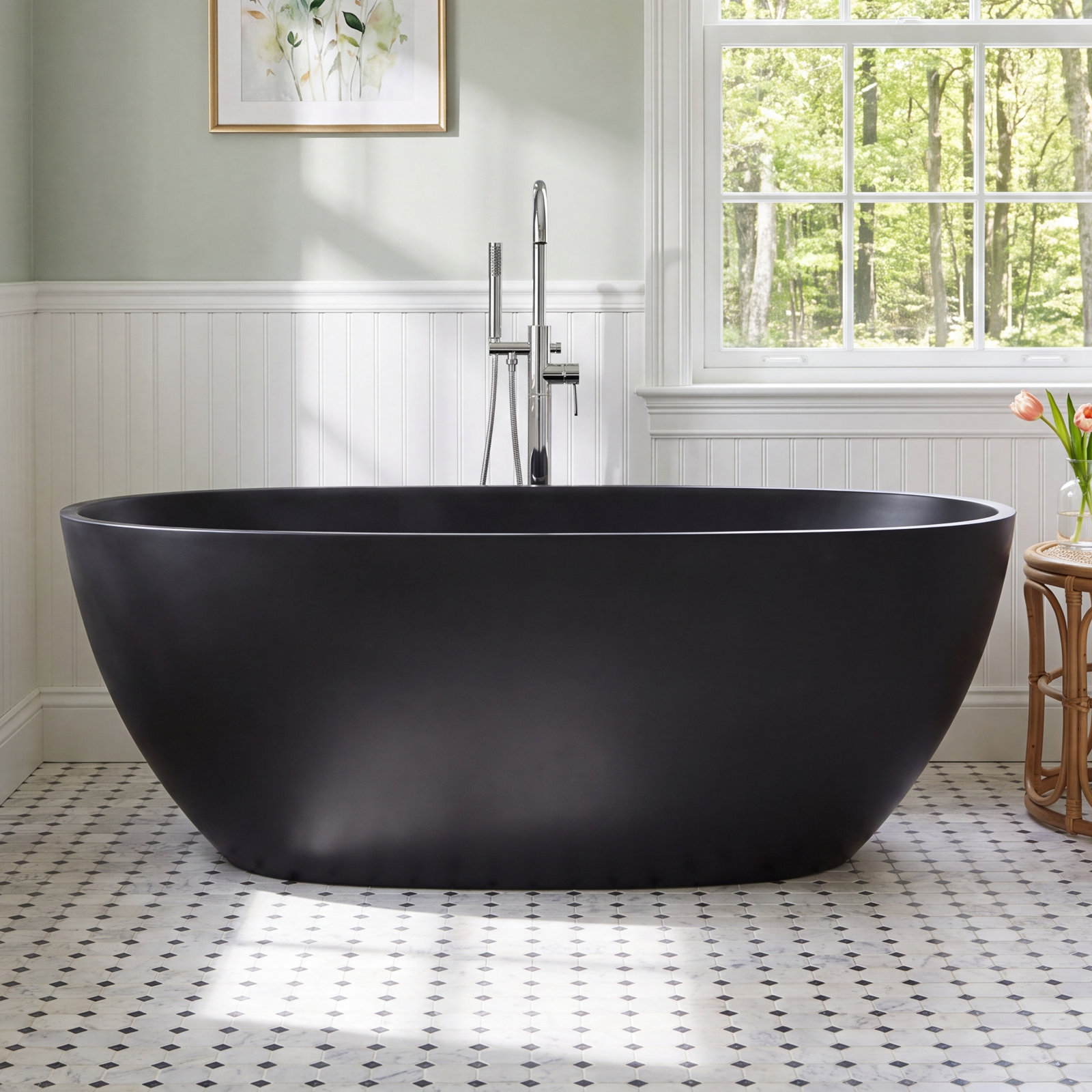65" Freestanding Solid Surface Soaking Bathtub, Matte Black