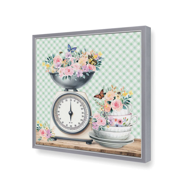 Échelle de cuisine et vaisselle avec fleurs par Nicole DeCamp, reproduction d'art, H 31,5 po x l 31,5 po, Argent