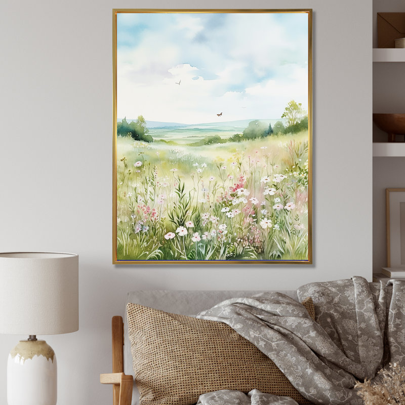 «Meadow Scenery Minimalisme Serenity I», reproduction, Cadre flottant doré, H 32 po x l 24 po x P 1 po