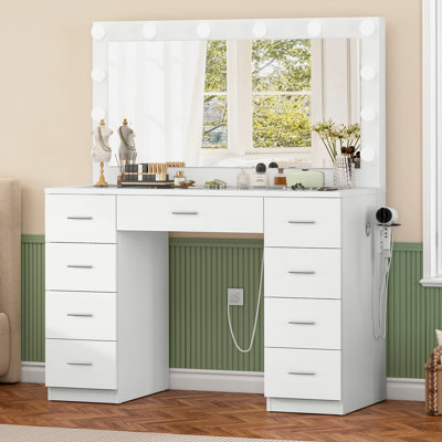 Large Makeup Vanity with 3 Modes Adjustable Brightness Light and Power Outlet, Vanity Desk with 9 Drawers and Glass Desktop