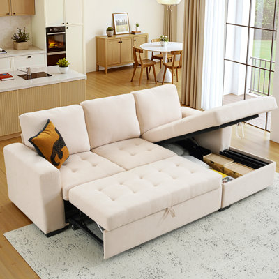 95" W Linen L-Shaped Sleeper Sectional with Storage 