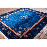 1920s Traditional Blue Open Field Floral Bird Knotted Antique Chinese Peking Rug