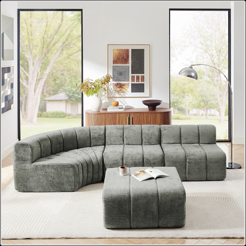 Upholstered 116.5 " Chenille L-Shaped Sectional with Ottoman, Grey Chenille