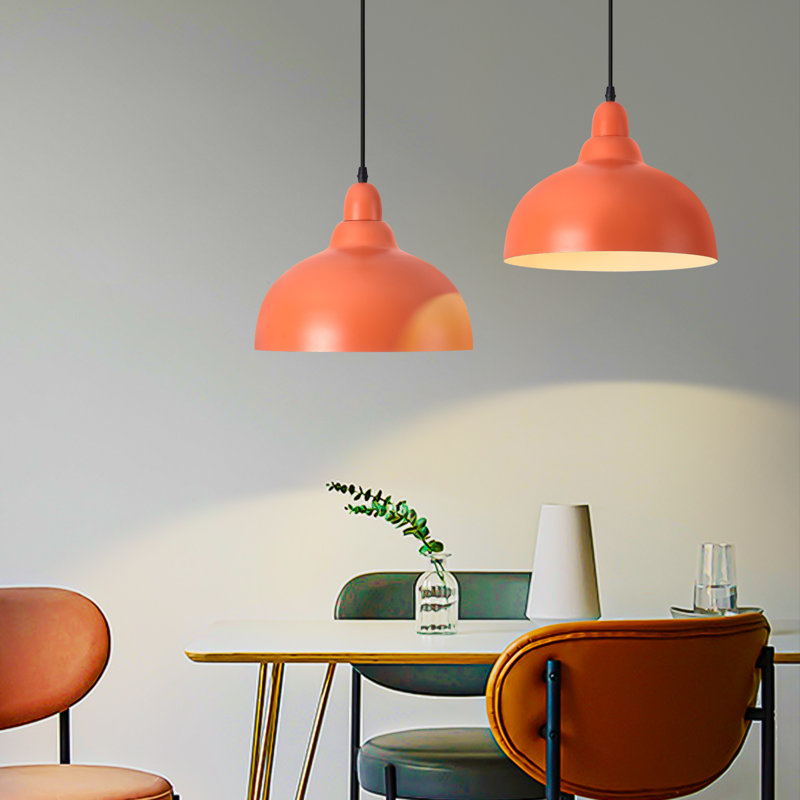 2 Pack 11.8 Inch Orange Mid-Century Modern Dome Pendant Lights, Bronze, Orange