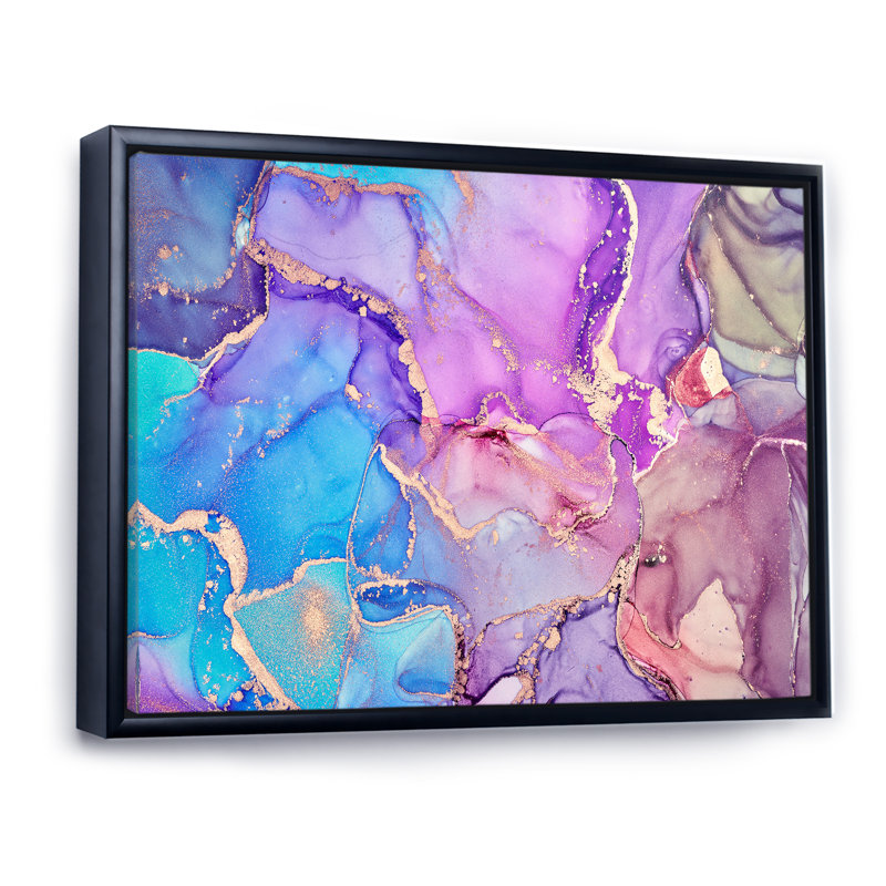 «Mauve et bleu», art liquide VI, reproduction sur toile, H 12 po x l 20 po, Cadre flottant noir