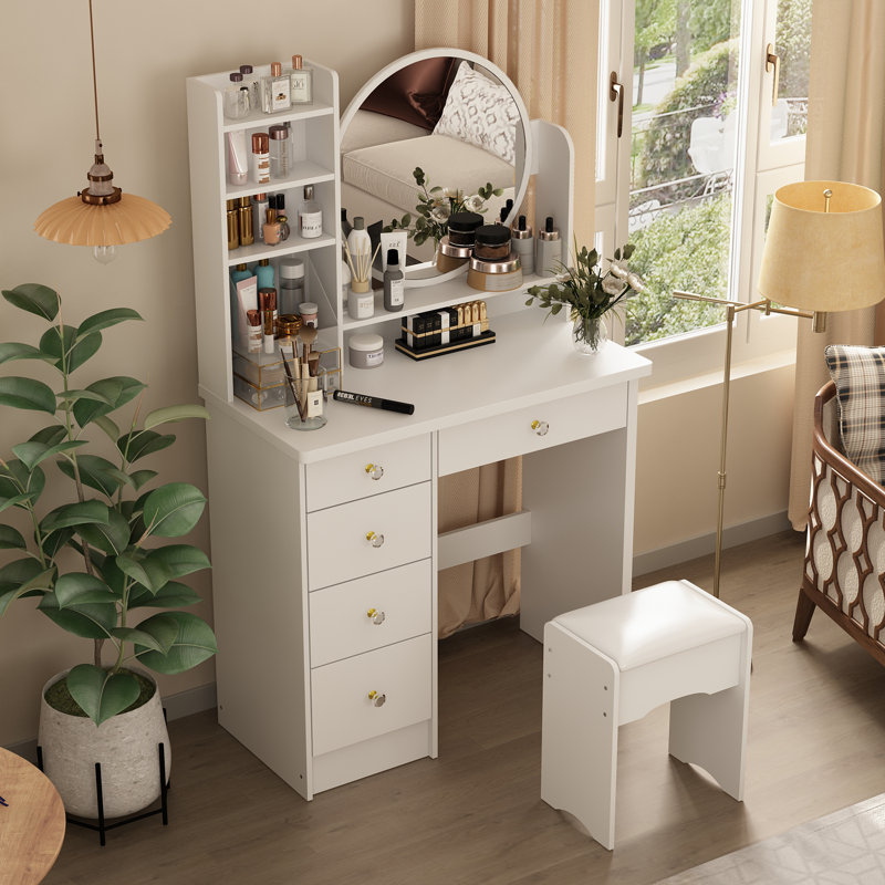 Ensemble de coiffeuse 5 tiroirs avec miroir sur pied et tabouret , Blanc