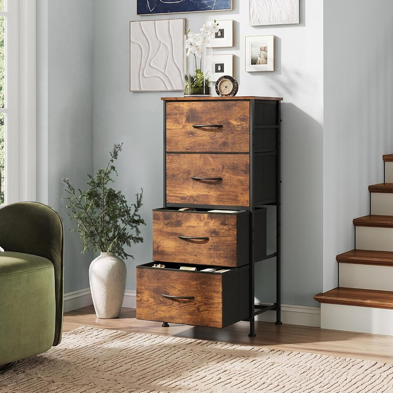 Petite commode/table de chevet à 4 tiroirs, style brun rustique, pour le rangement de votre chambre.