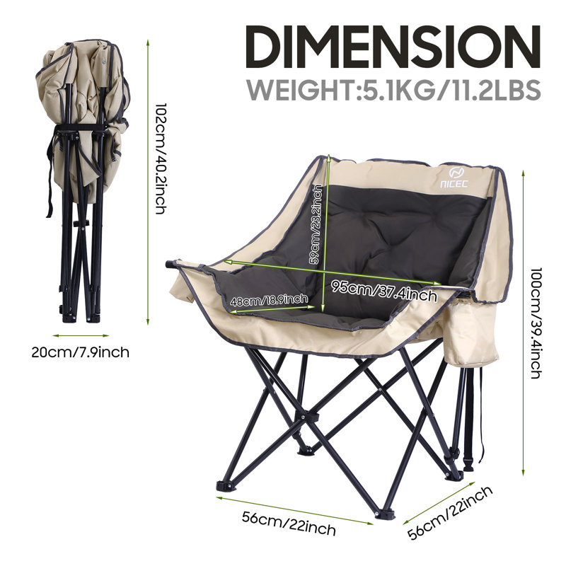 Très grande chaise de camping rembourrée avec sac isotherme, porte-gobelet, support robuste jusqu'à 400 lb (1 paquet)