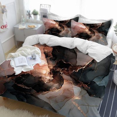 3Pcs Modern Marble Abstract Pattern Duvet Cover , Luxury Rose Gold Black Ink Art Print Bedding , Soft Microfiber Pillowcases, Master Bedroom Hotel Home Decor