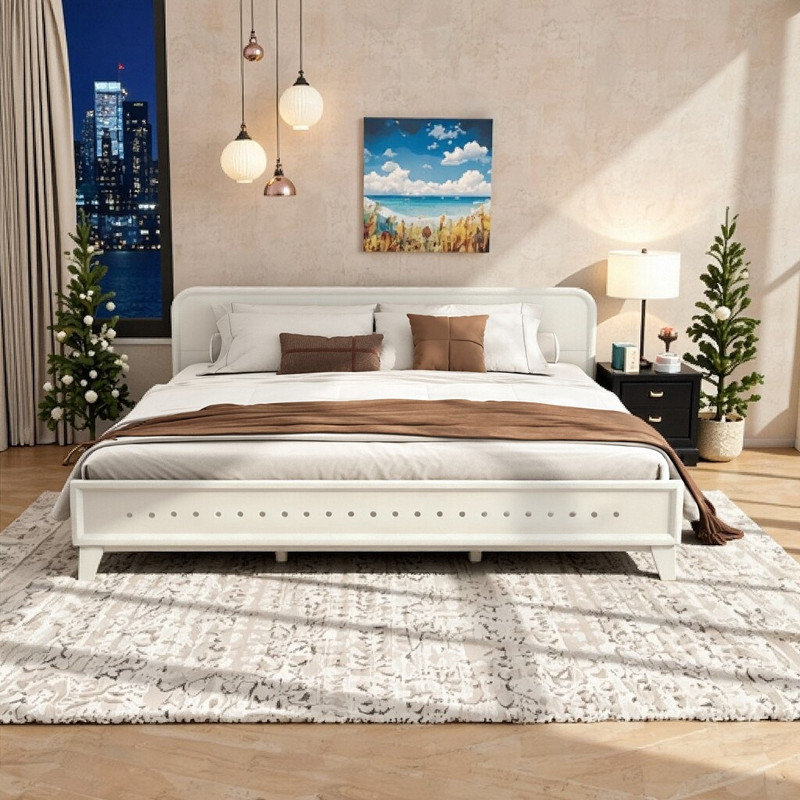 Structure de lit en bois de pin massif très grand L 82,7 po x l 77,6 po sans sommier, Blanc, Très grand lit
