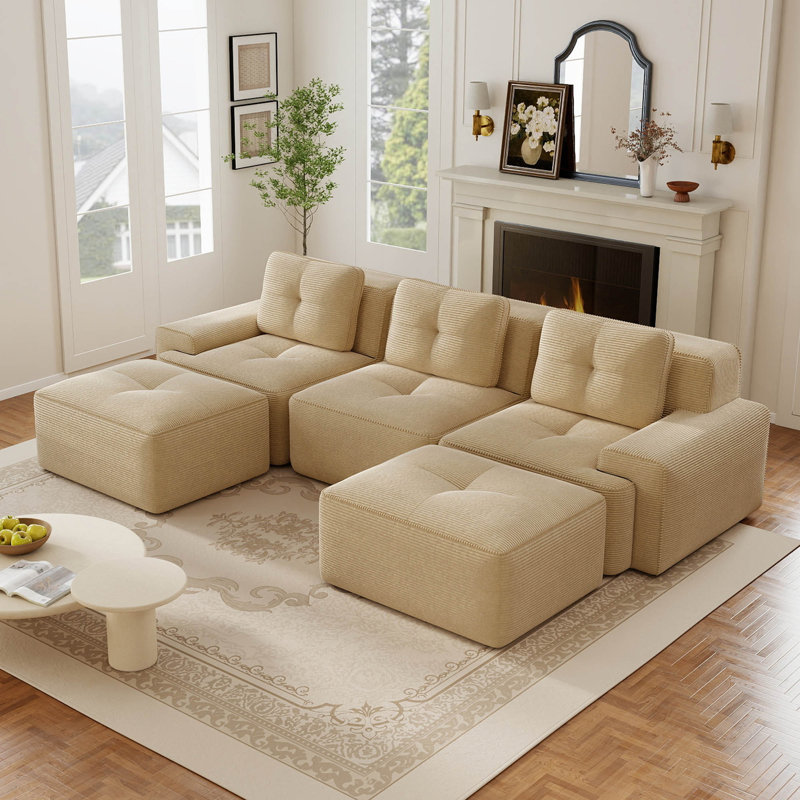 Canapé modulaire 115 po avec 2 repose-pieds mobiles Corduroy, Velours côtelé chameau