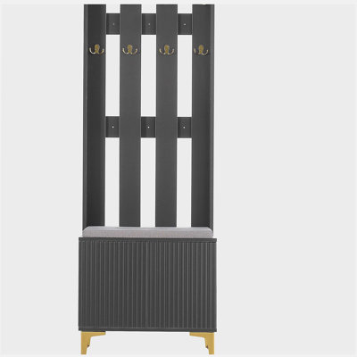 Portemanteau moderne 4-en-1 avec coussin, portemanteau polyvalent avec 8 crochets et pieds dorés, banc d'entrée avec tablettes réglables et portes cannelées pour le couloir et le salon