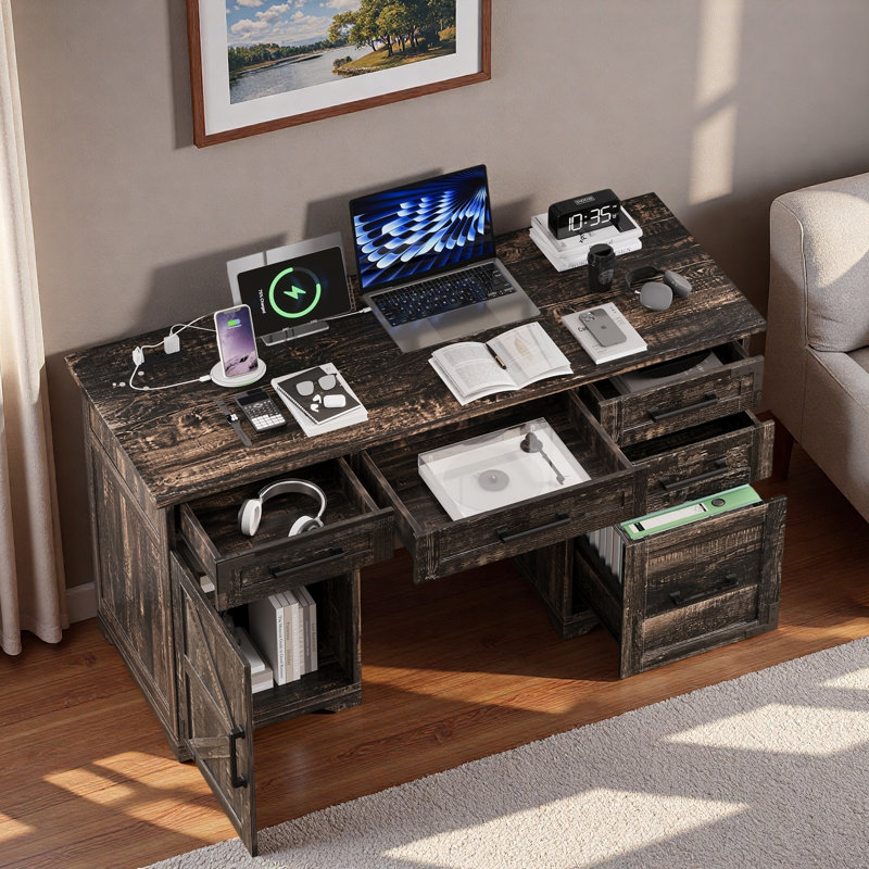 Bureau de ferme à la maison avec station de charge, 5 tiroirs et 1 armoire, Rustic Grey
