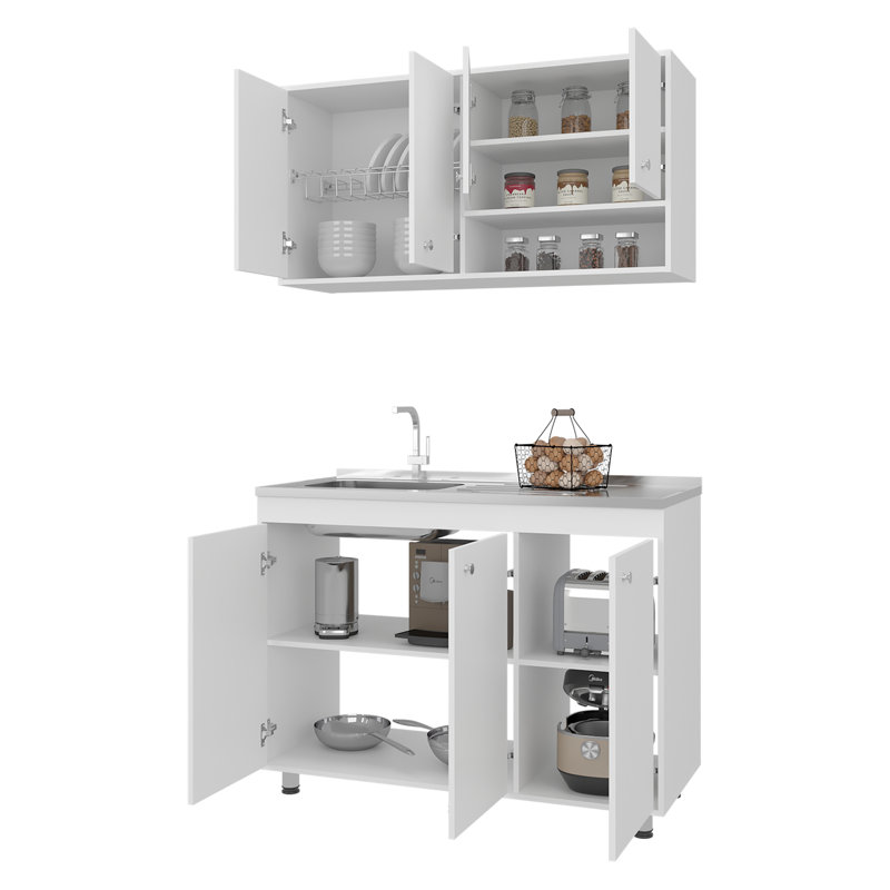 Ensemble de cuisine blanc avec lave-vaisselle et rangement supérieur