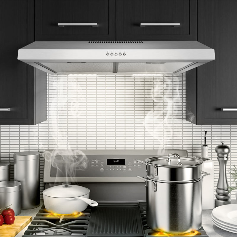 Hotte sous un meuble en acier inoxydable 30 pouces 600 CFM, convertible à conduit / sans conduit, commande à bouton-poussoir, 3 vitesses ultra-silencieuses, lumières DEL, filtres à chicane en aluminium à 5 couches et filtres à charbon, argent